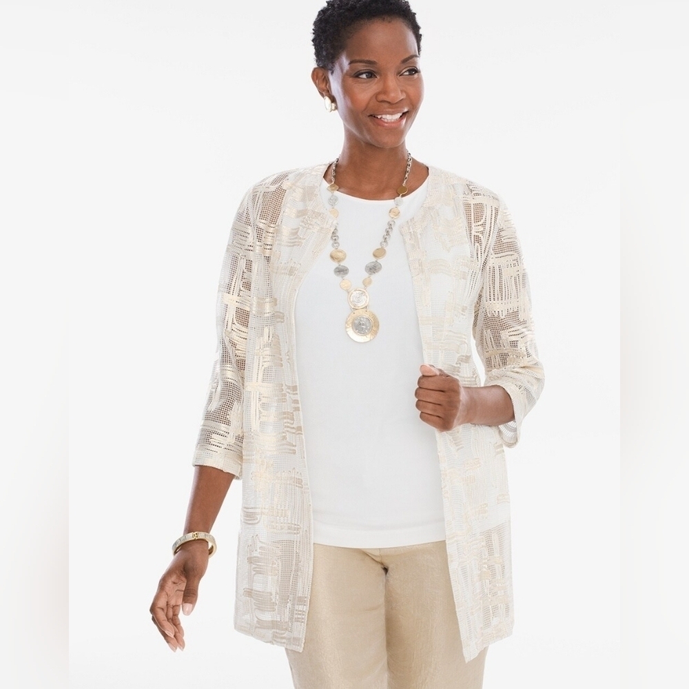 Chico’s Gold Cream Mesh Jacket Size 2 L Sheer Open Front Blazer Lightweight